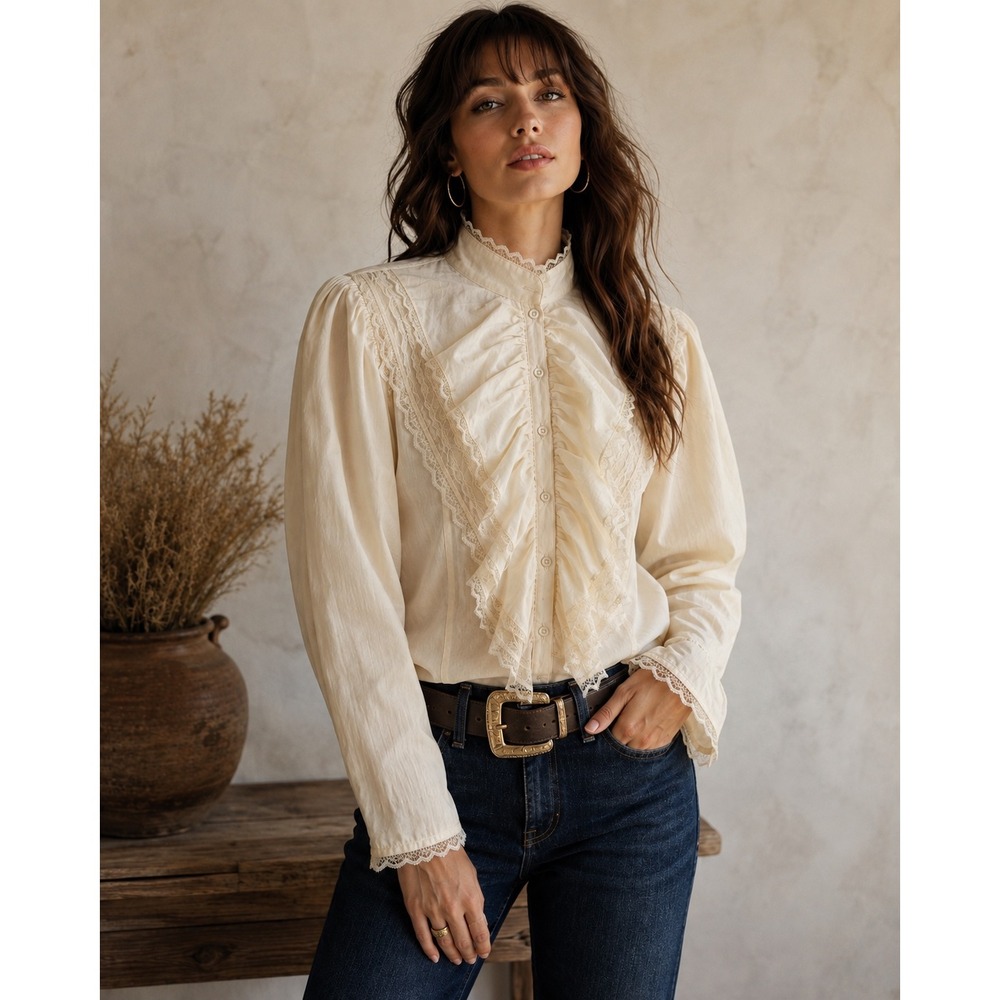Scully Victorian Ruffle Lace Prairie Western Blouse Cream M Cottagecore